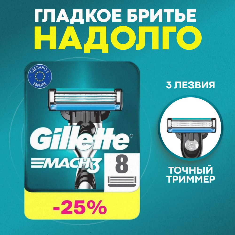 Сменные кассеты Gillette Mach3 с 3 лезвиями для бритья, 8 шт / Лезвия ...
