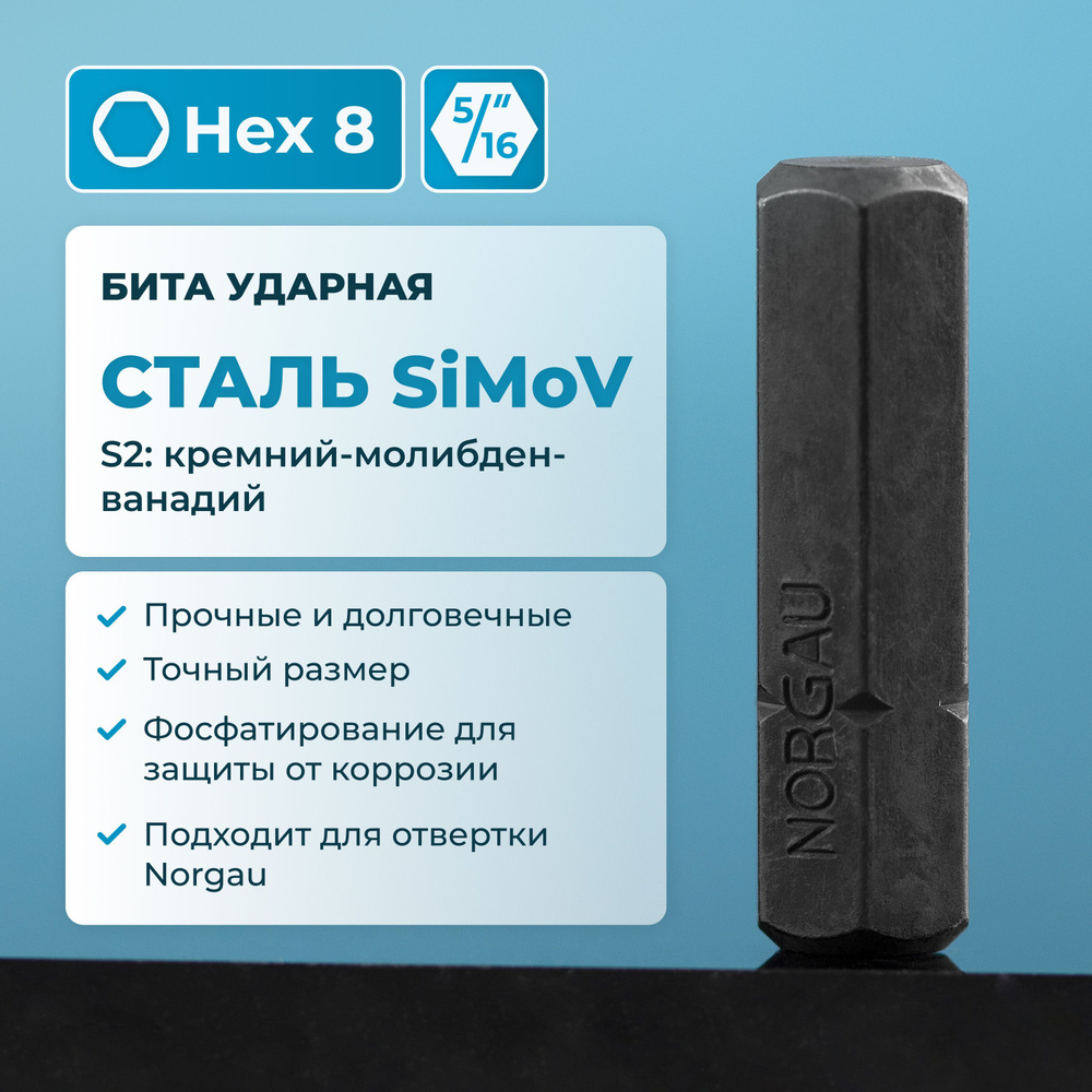 Бита ударная HEX8 NORGAU Industrial из высокопрочной SiMoV стали S2, для ударной отвертки с шестигранником #1