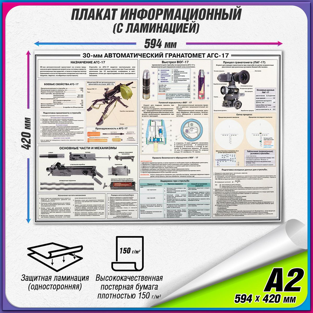 Информационный военный плакат "30-мм Автоматической Гранатомет АГС-17" / ламинированный / А2 (60x42 см.) #1