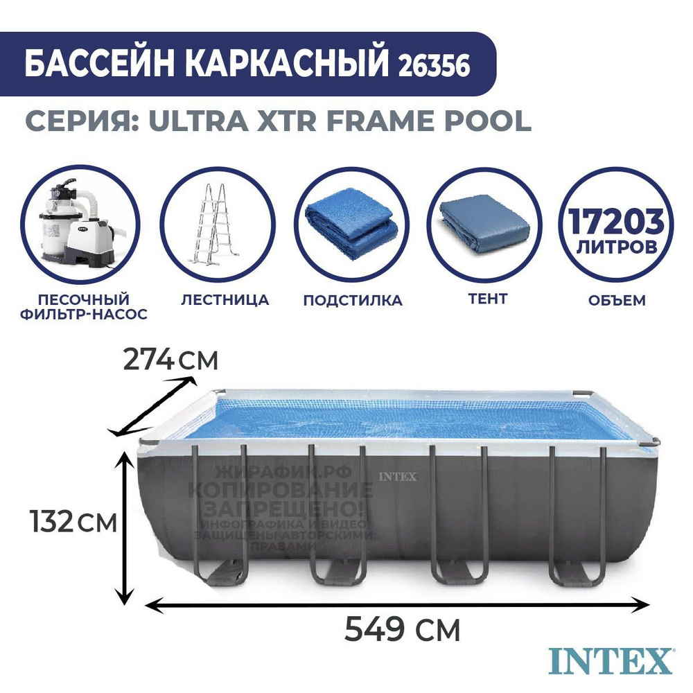 Каркасный прямоугольный бассейн 549x274x132 см Intex 26356 с фильтром, лестницей, тентом и подстилкой #1