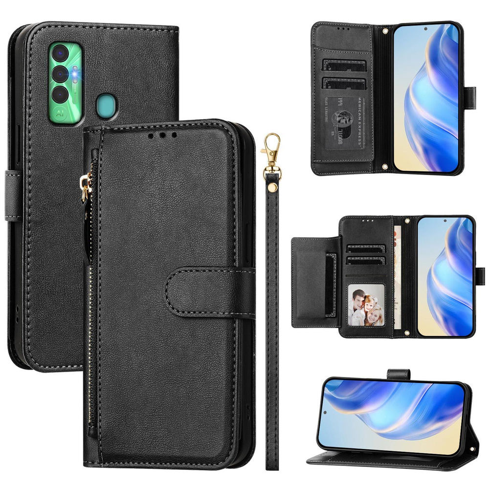Кожаный книжка чехол в виде бумажника для TECNO SPARK 7P с застежкой-молнией, коротким шнуром, Складной #1