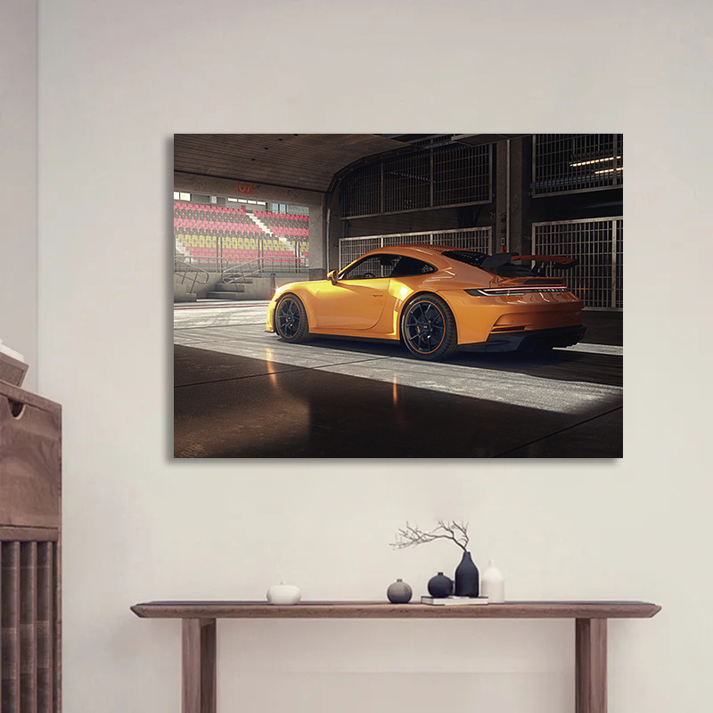 Картина для интерьера оранжевый Porsche 911 в темном гараже, 50х70 см, акцентный формат #1