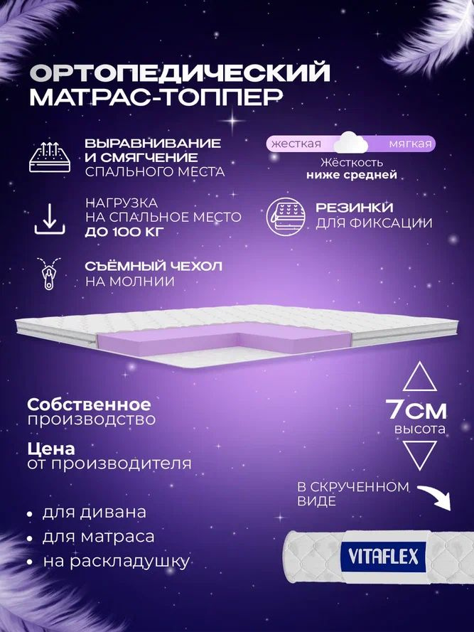 Матрас-топпер 90х180 см ортопедический VITAFLEX Soft Tricot 6х4Sk со съёмным чехлом на молнии, беспружинный, #1