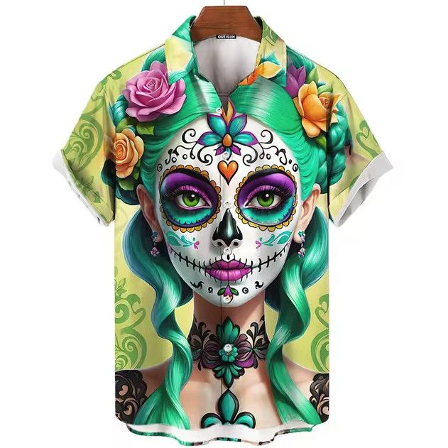 Футболка Футболка Day Of The Dead Shirt Skull Men's Shirts Skull Face 3d Print Hawaiian Shirt #1