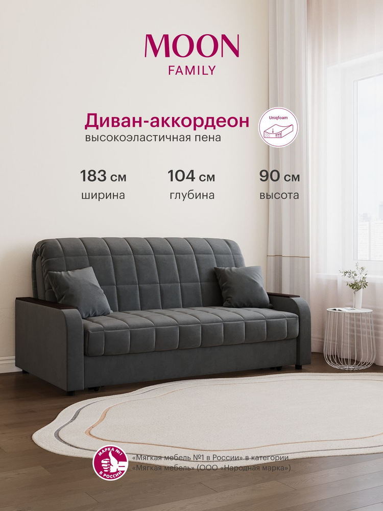 Диван кровать раскладной, аккордеон MOON FAMILY 044, темно-серый велюр, 183х104х90 см, спальное место #1