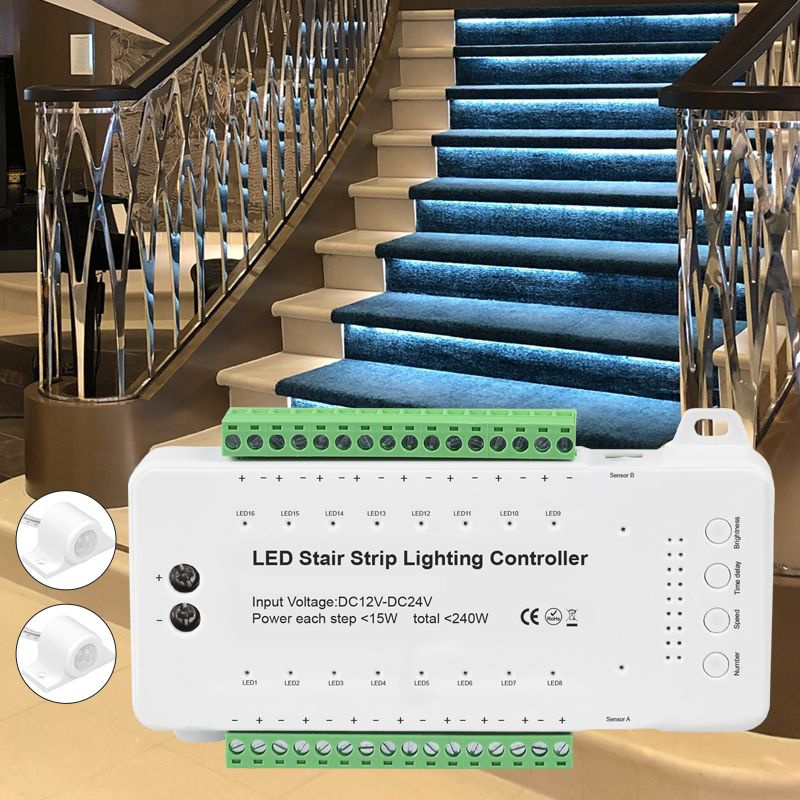 16 ступеней Led Stair Light Контроллер лестницы, с 2 датчиками движения ...