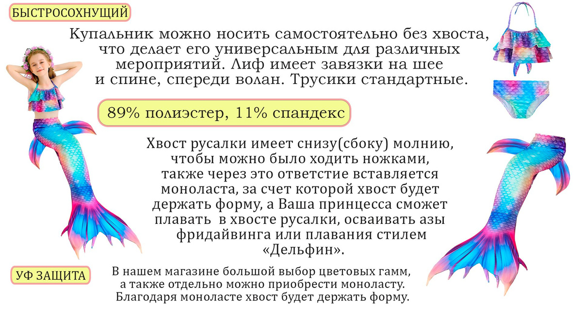 **Костюм русалки** включает хвост и раздельный купальник для девочек. Хвост русалки придает костюму волшебный и реалистичный вид, а раздельный купальник состоит из лифа с завязками и стандартных трусиков, обеспечивая комфорт и свободу движений. Этот комплект идеально подходит для плавания, пляжных игр и костюмированных мероприятий, превращая каждую девочку в настоящую русалку.