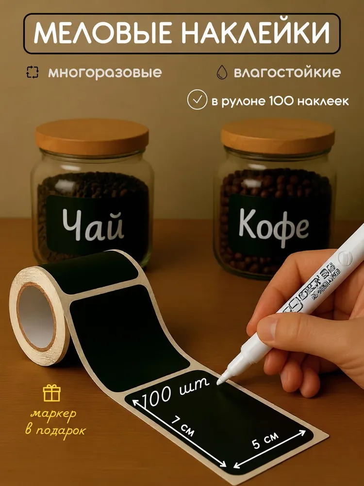 Пустые черные меловые наклейки 100 штук в рулоне в наборе с маркером, многоразовые стикеры для подписи баночек со специями, сыпучих продуктов, специй, дозаторов для ванны и школьных тетрадей, черный