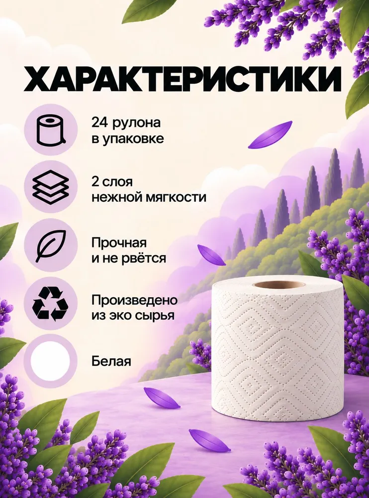 Туалетная бумага JOYeco 2 слоя 24 рулона белая с ароматом лаванды, белый, фото 2