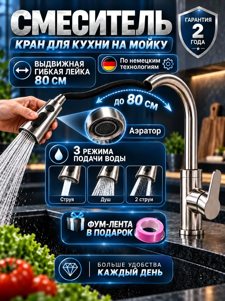 Смеситель для кухни с высоким изливом, гибким вытяжным аэратором, 3 режима, кран на кухню для раковины, смеситель на мойку, гибкий кран для кухни и раковины, 360 поворот, удлиненный шланг, вариант, фото 4