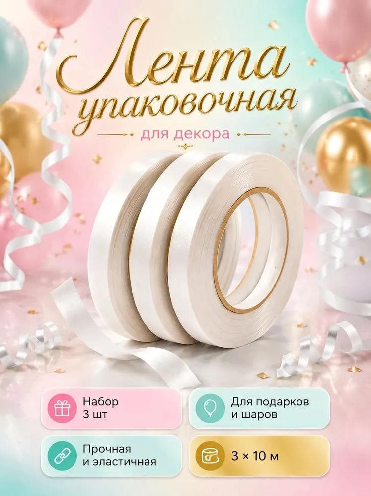 Лента упаковочная для завязывания воздушных шаров, для подарков, для цветов, набор 3 штуки по 10 метров, 10 м