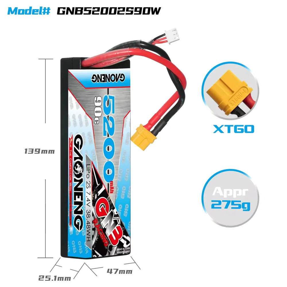 Gaoneng GNB 2S1P 7.4V 5200mAh 90C XT60 Hardcase Lipo battery Gaoneng GNB 2S1P 7.4V 5200mAh 90C XT60 Hardcase Lipo battery