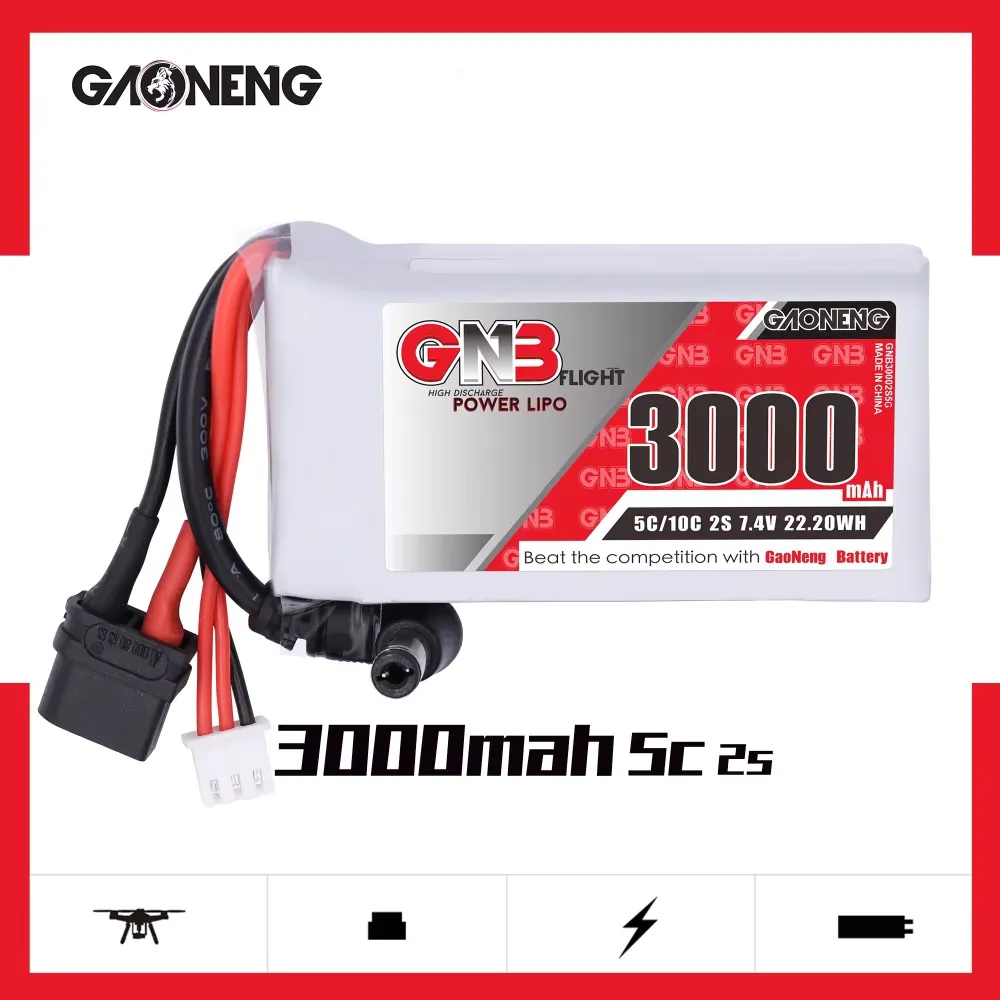 Аккумулятор Li-po Gaoneng GNB 3000mah 2S1P 7.4V for 5C 21x38x73mm для fat shark HDO & DJI goggles XT60 и DC5.5, 3000 мАч, фото 2