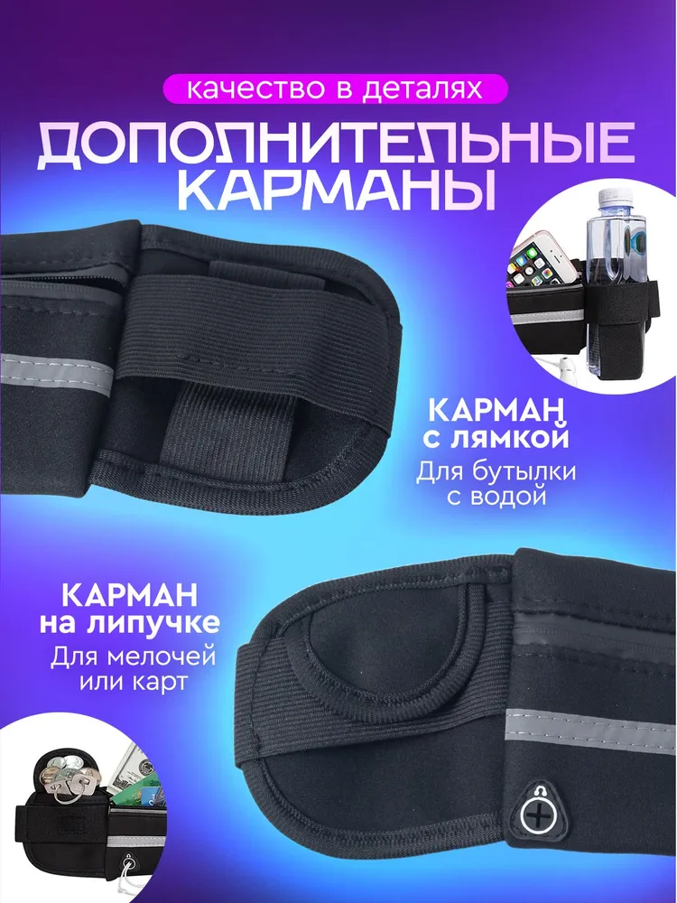 Сумка на пояс для бега. Спортивная поясная сумка для телефона. Размер 37х9.5 см. цвет черный., 37x9.5 см, фото 5
