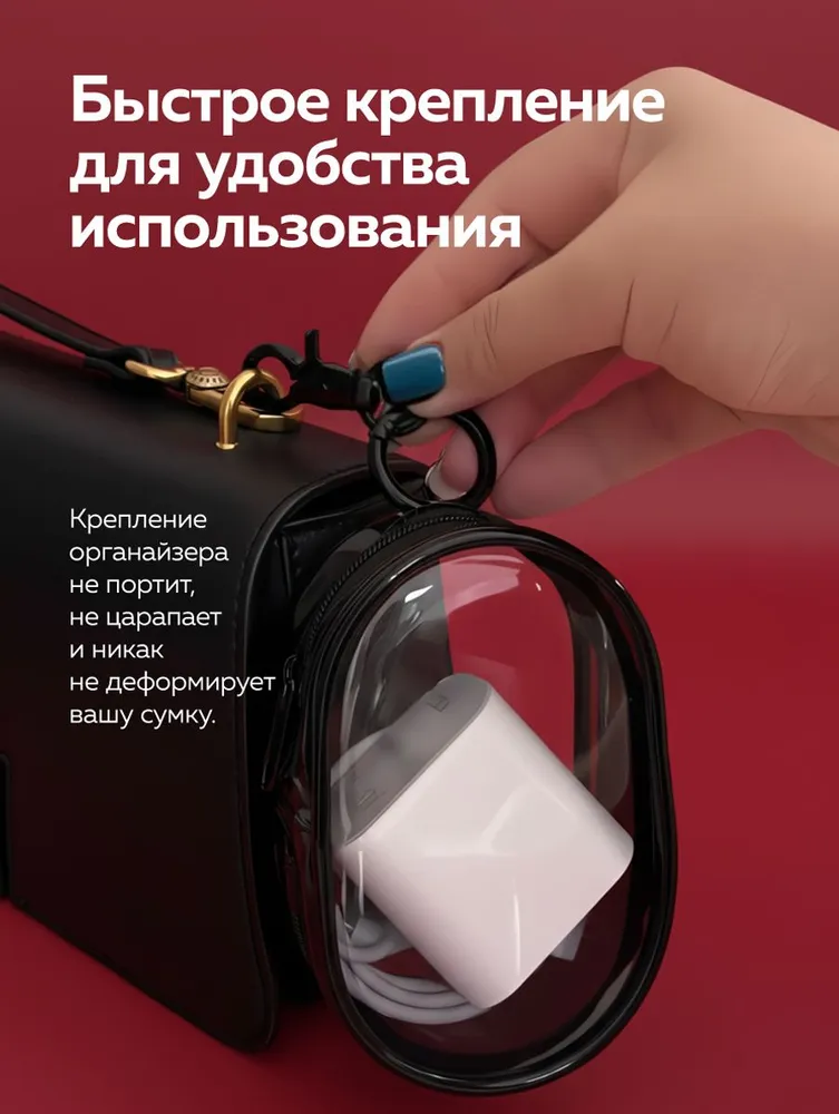 Органайзер для сумки, органайзер в рюкзак, в портфель 2 штуки (белый + черный), Чехол для проводов и зарядок, аксессуаров, черный, фото 5