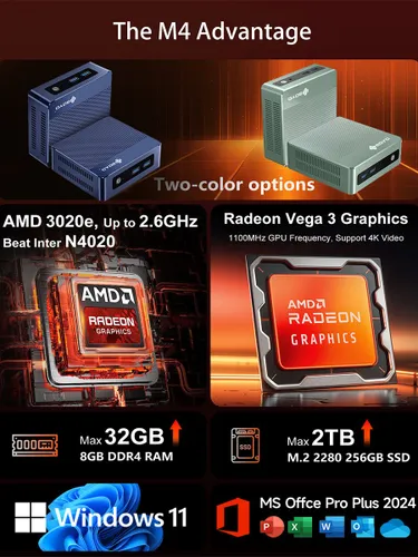 SOYO Мини-ПК (AMD 3020e, RAM Отсутствует, AMD Radeon Vega 3, Windows 11 Pro), SOYO M4 MINI PC, корич