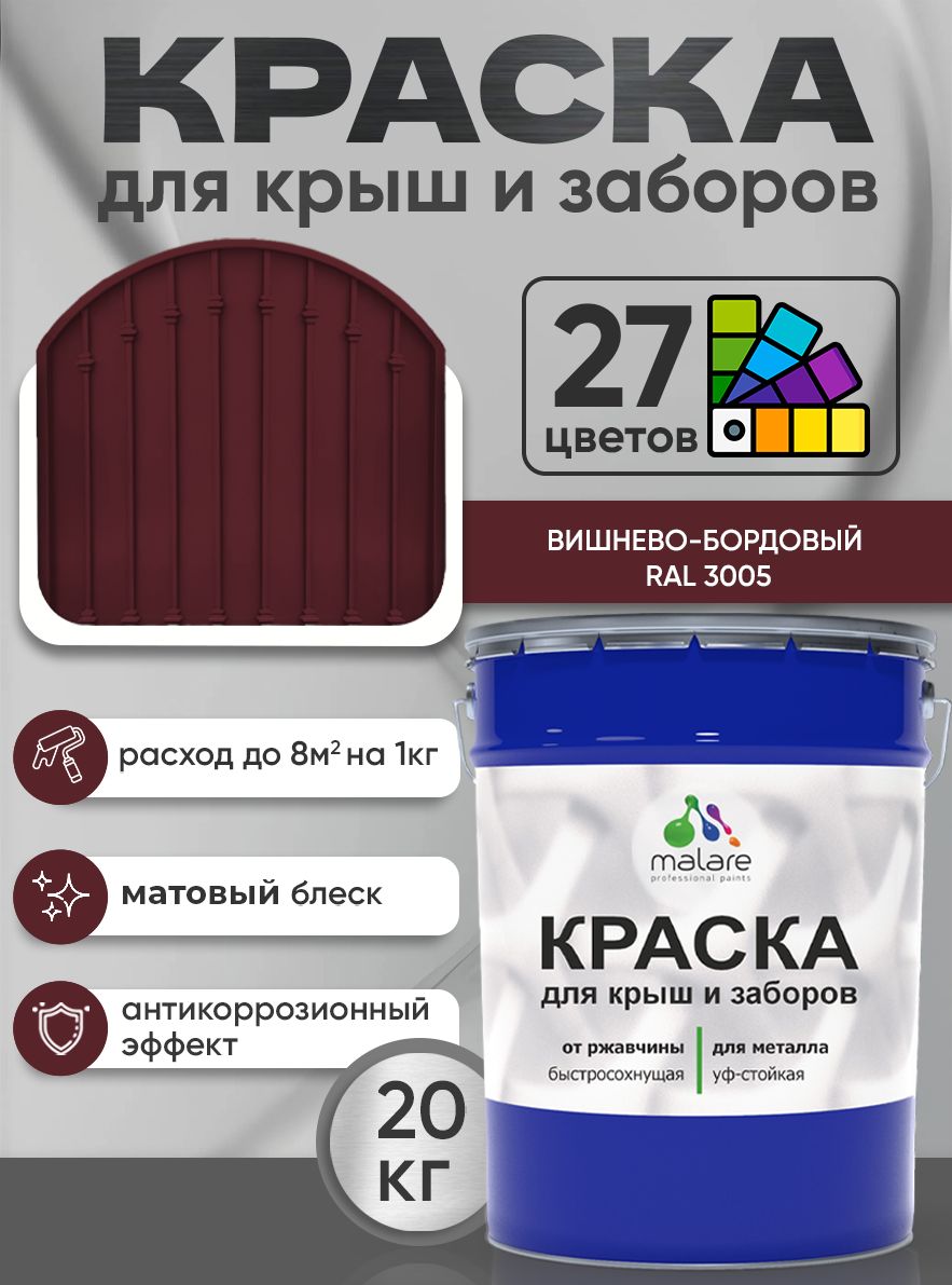 Краска по металлу Malare для крыш и заборов по ржавчине, для наружных работ, быстросохнущая износостойкая RAL 3005 вишнево-бордовый, матовая, 20 кг