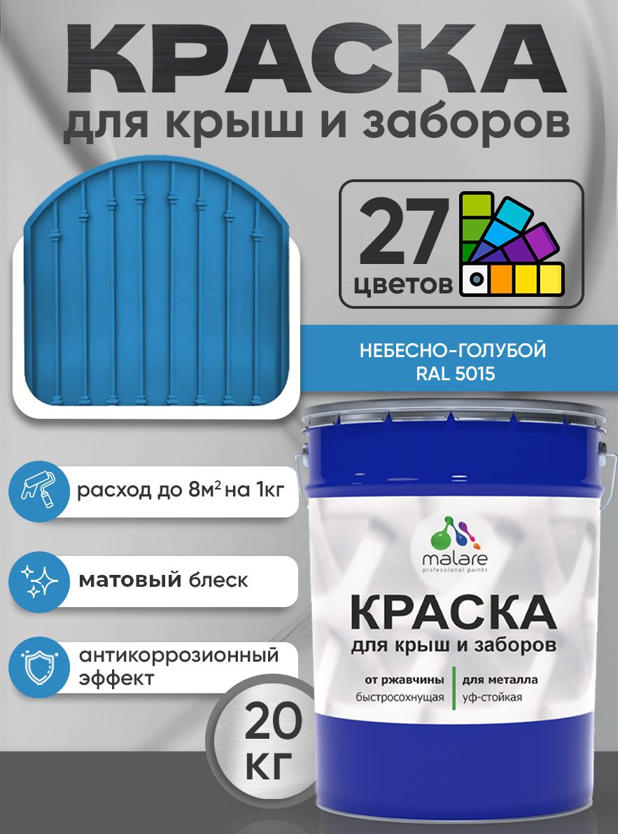 Краска по металлу Malare для крыш и заборов по ржавчине, для наружных работ, быстросохнущая износостойкая RAL 5015 небесно-голубой, матовая, 20 кг