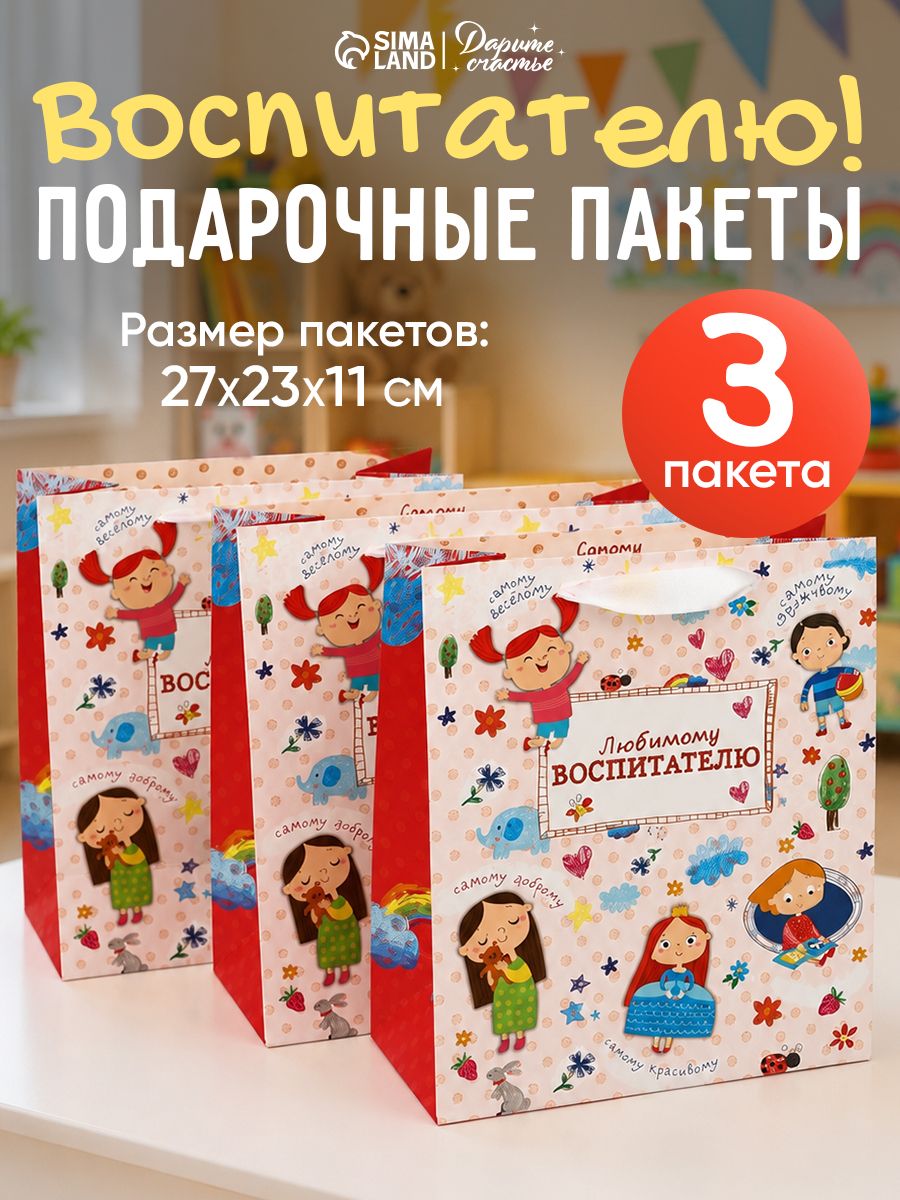 Пакеты подарочные воспитателю, 27 х 23 х 11,5 см, набор 3 шт