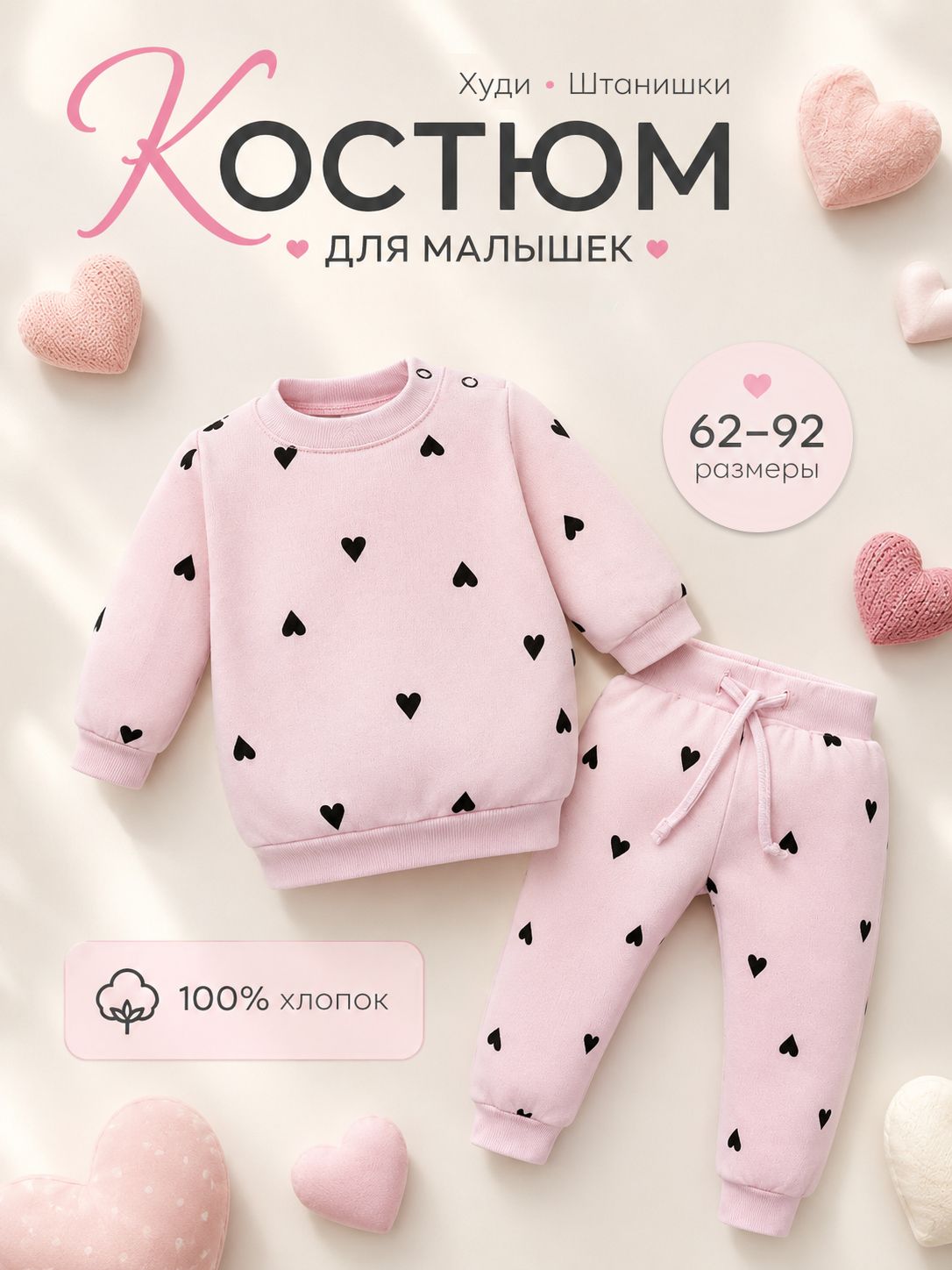 Костюм для девочки 86 92 розовый с сердечками, свитшот и брюки из футера с начесом, хлопок 100%