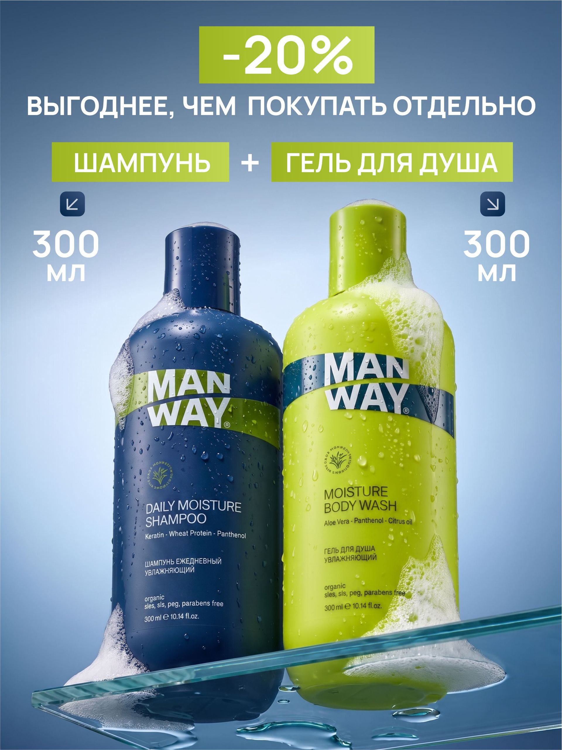MAN WAY Мужской набор для душа: шампунь ежедневный увлажняющий с кератином и гель для душа с алоэ вера и пантенолом,600 мл, без парабенов