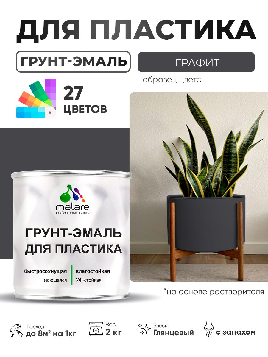 Грунт-Эмаль для пластика Malare краска для пластика/ для сайдинга, для окон и подоконников ПВХ/ для внутренних и наружных работ, быстросохнущая RAL 7024 графитово-серый(темный), глянцевая, 2 кг