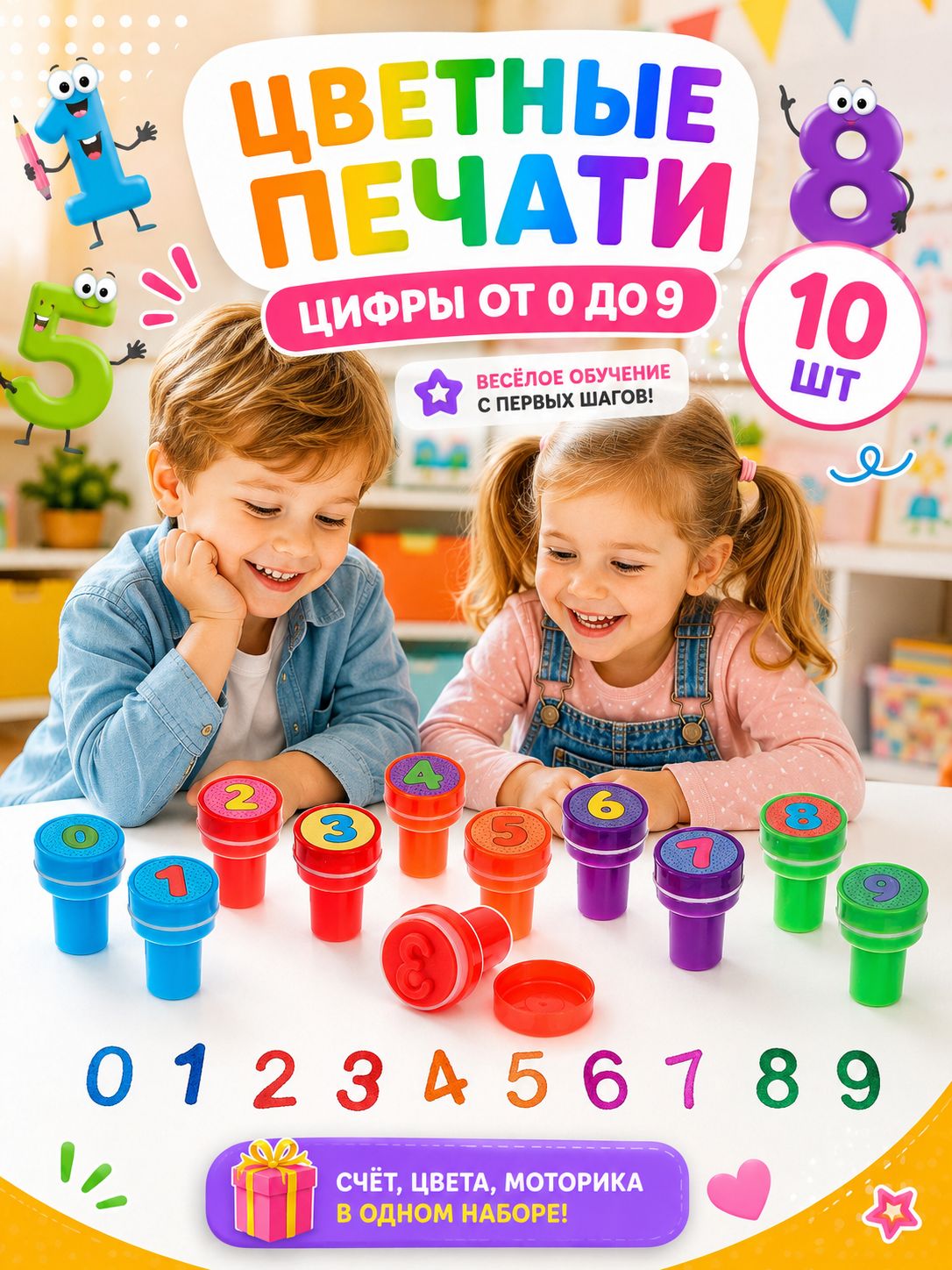 Печать детская / цветные штампики для детей 10 штук / "Цифры"