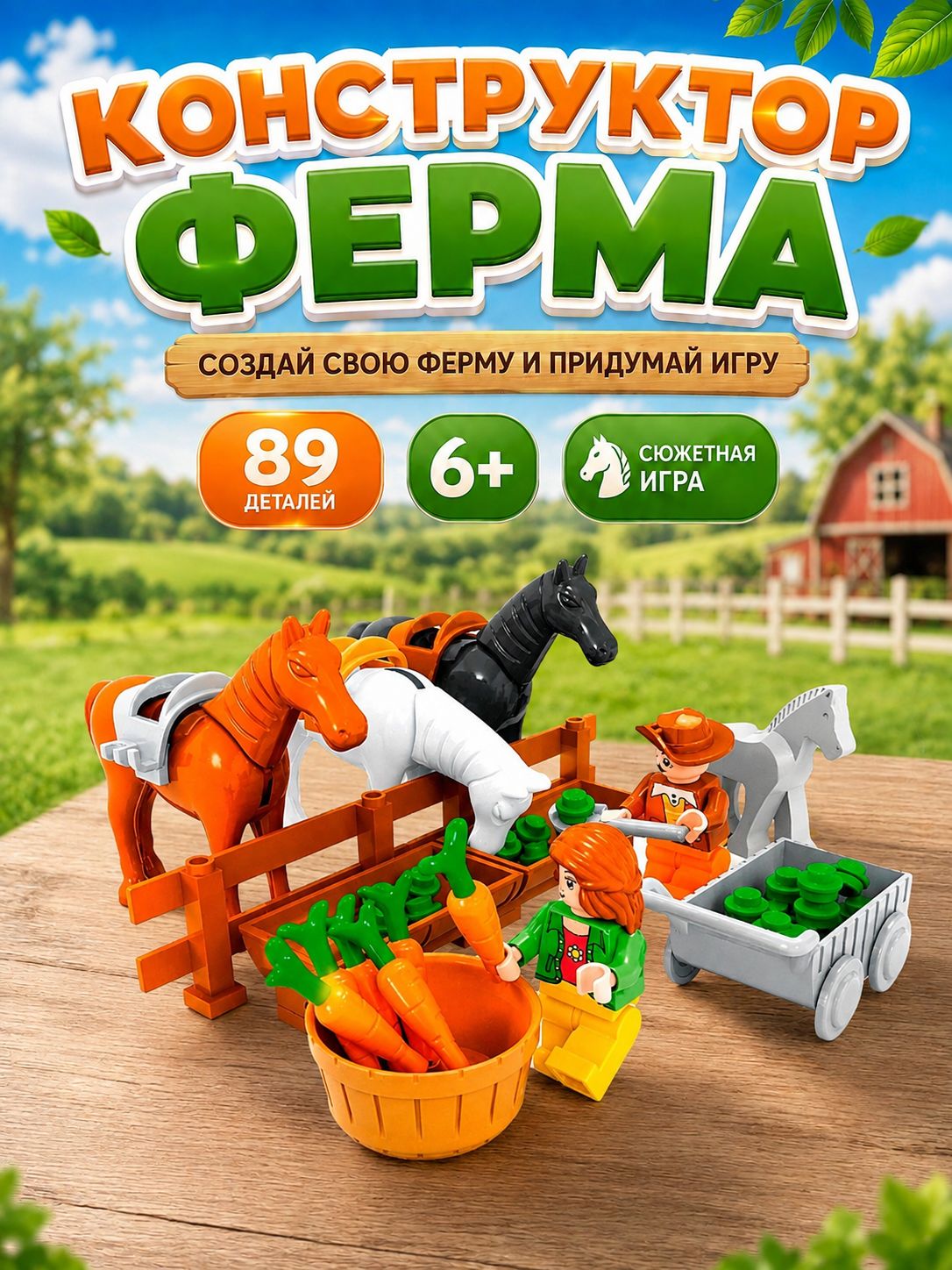 Конструктор пластиковый "Ферма" 89 деталей, конструткор животные