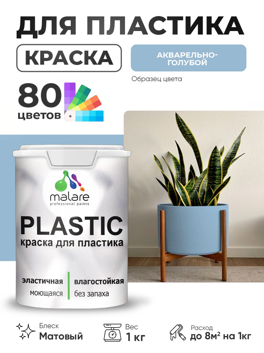 Акриловая краска для пластика Malare Plastic для пенопласта ПВХ сайдинга, для подоконников и откосов, быстросохнущая без запаха, матовая, акварельно-голубой, 1 кг