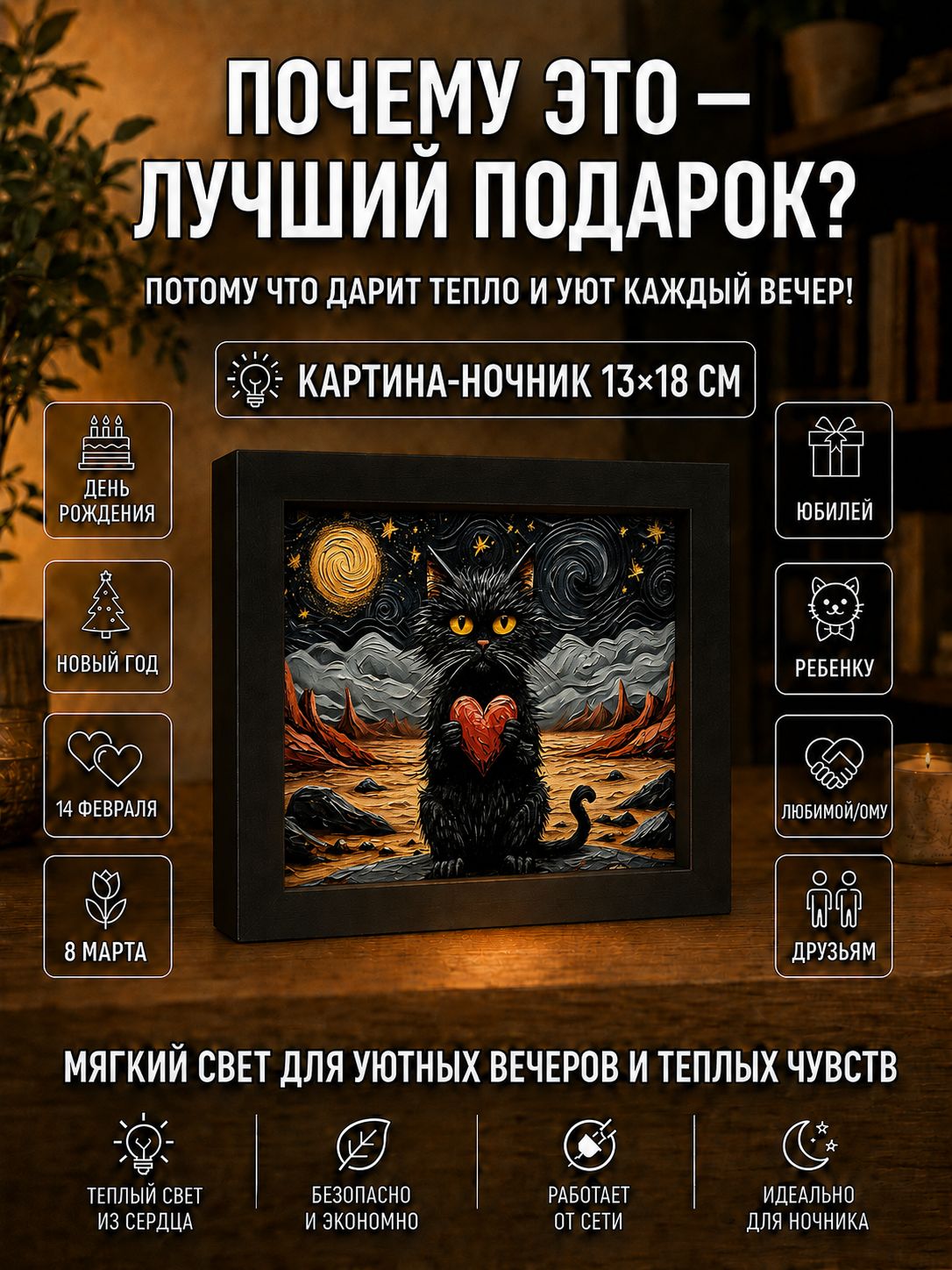 Котик с сердечком у ночного моря