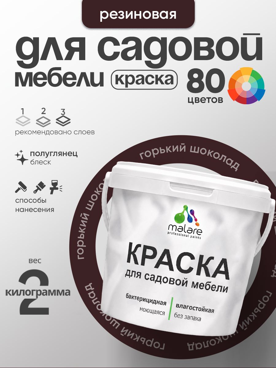 Резиновая краска Malare для садовой мебели/ по дереву, для наружных и внутренних работ/ быстросохнущая моющаяся без запаха полуглянцевая, горький шоколад, 2 кг