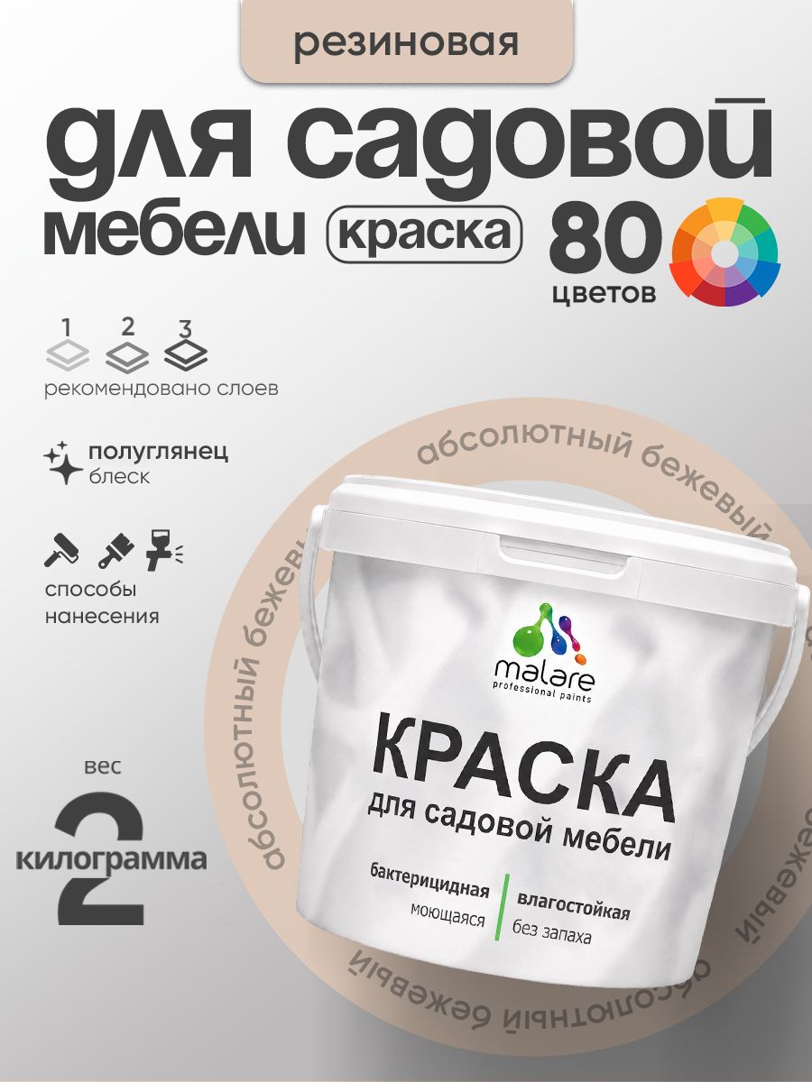 Резиновая краска Malare для садовой мебели/ по дереву, для наружных и внутренних работ/ быстросохнущая моющаяся без запаха полуглянцевая, абсолютный бежевый, 2 кг