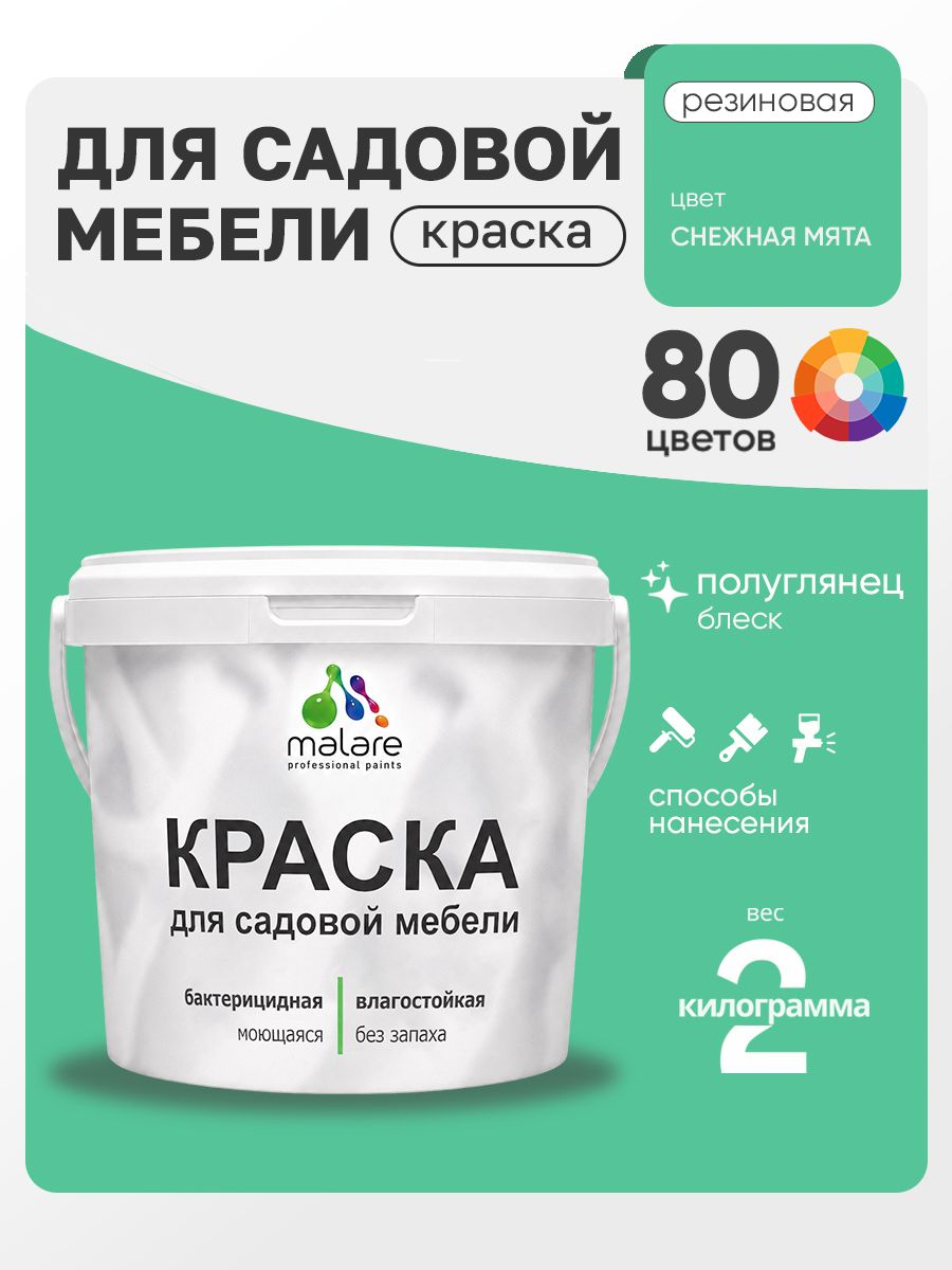 Резиновая краска Malare для садовой мебели/ по дереву, для наружных и внутренних работ/ быстросохнущая моющаяся без запаха полуглянцевая, снежная мята, 2 кг