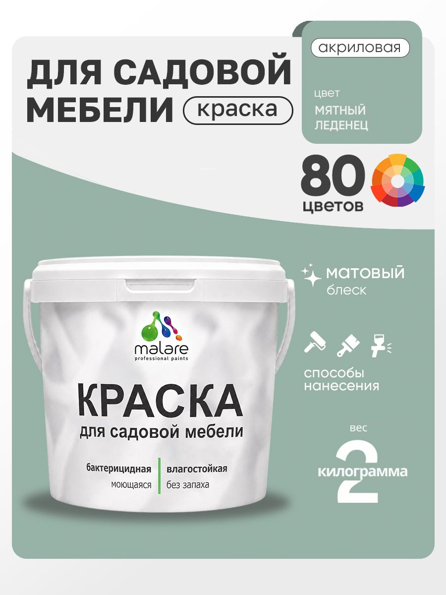 Акриловая краска Malare для садовой мебели/ по дереву, для наружных и внутренних работ/ быстросохнущая моющаяся без запаха матовая, мятный леденец, 2 кг