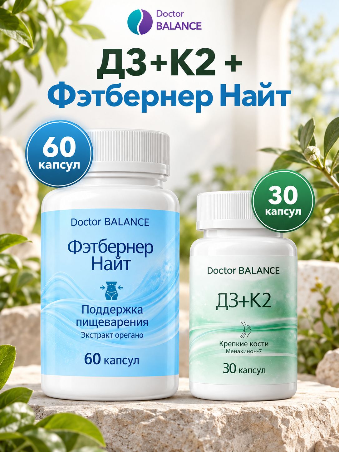 Набор Doctor Balance: Витамины D3 + K2 30 + Фэтбернер Найт 60