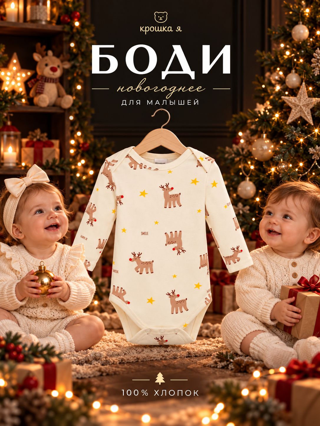 Боди новогоднее для новорожденных Крошка Я "Mery Xmas", рост 80-86 см, цвет бежевый