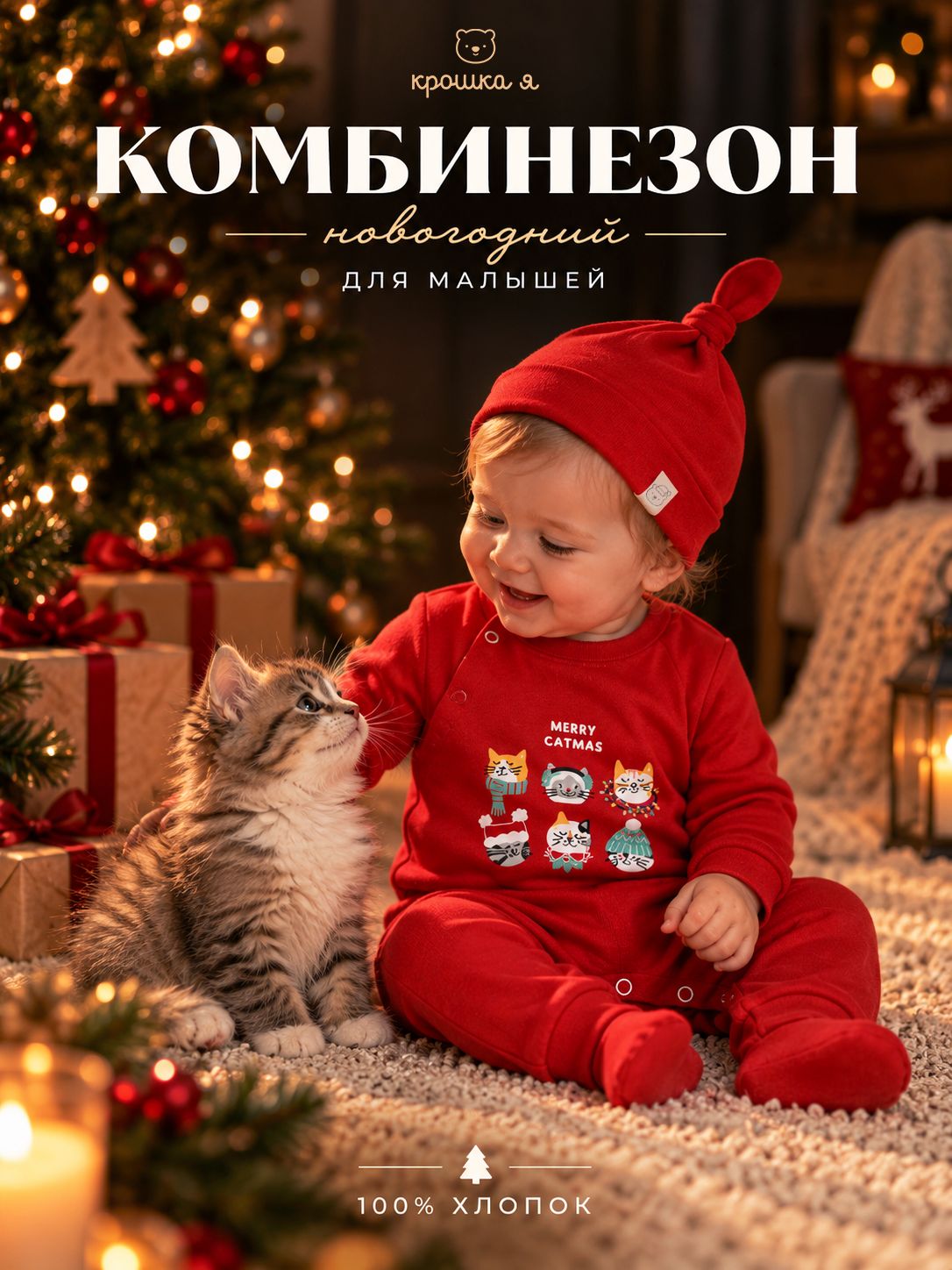 Комбинезон для новорожденных с шапочкой Крошка Я "Зимние котики", рост 68-74 см