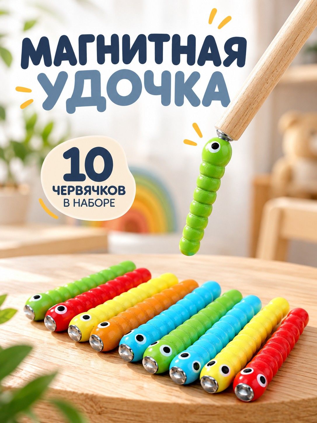 Магнитная рыбалка Лесная мастерская "Удочка и червяки", набор магнитная палочка + 10 цветных червячков / развивающие игрушки от 1 года по методике Монтессори