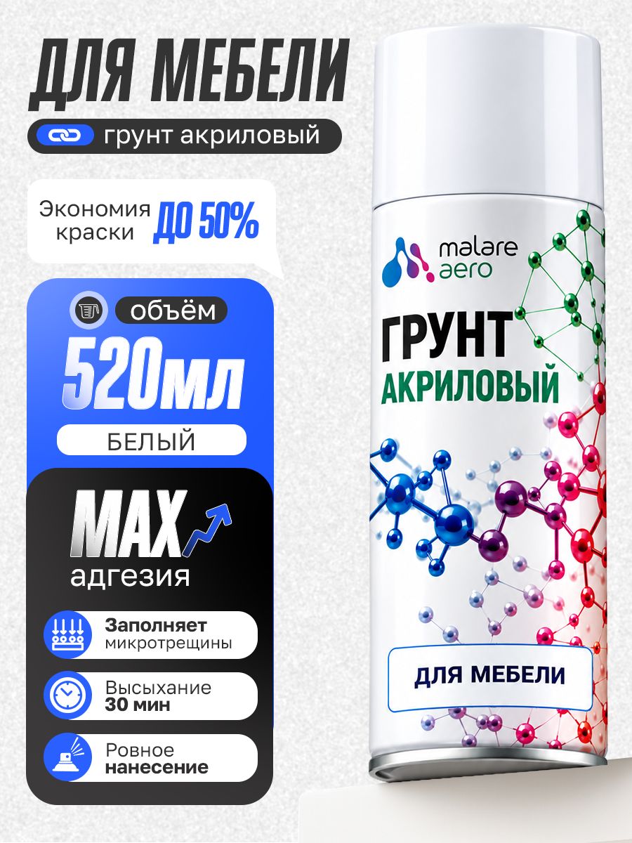 Грунт для мебели Malare акриловый адгезионный укрепляющий быстросохнущий, белый, 520 мл.