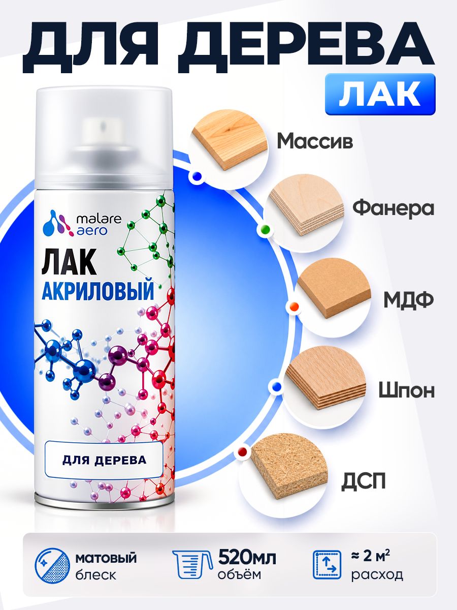 Лак для дерева Malare акриловый, бесцветный, матовый, 520 мл.
