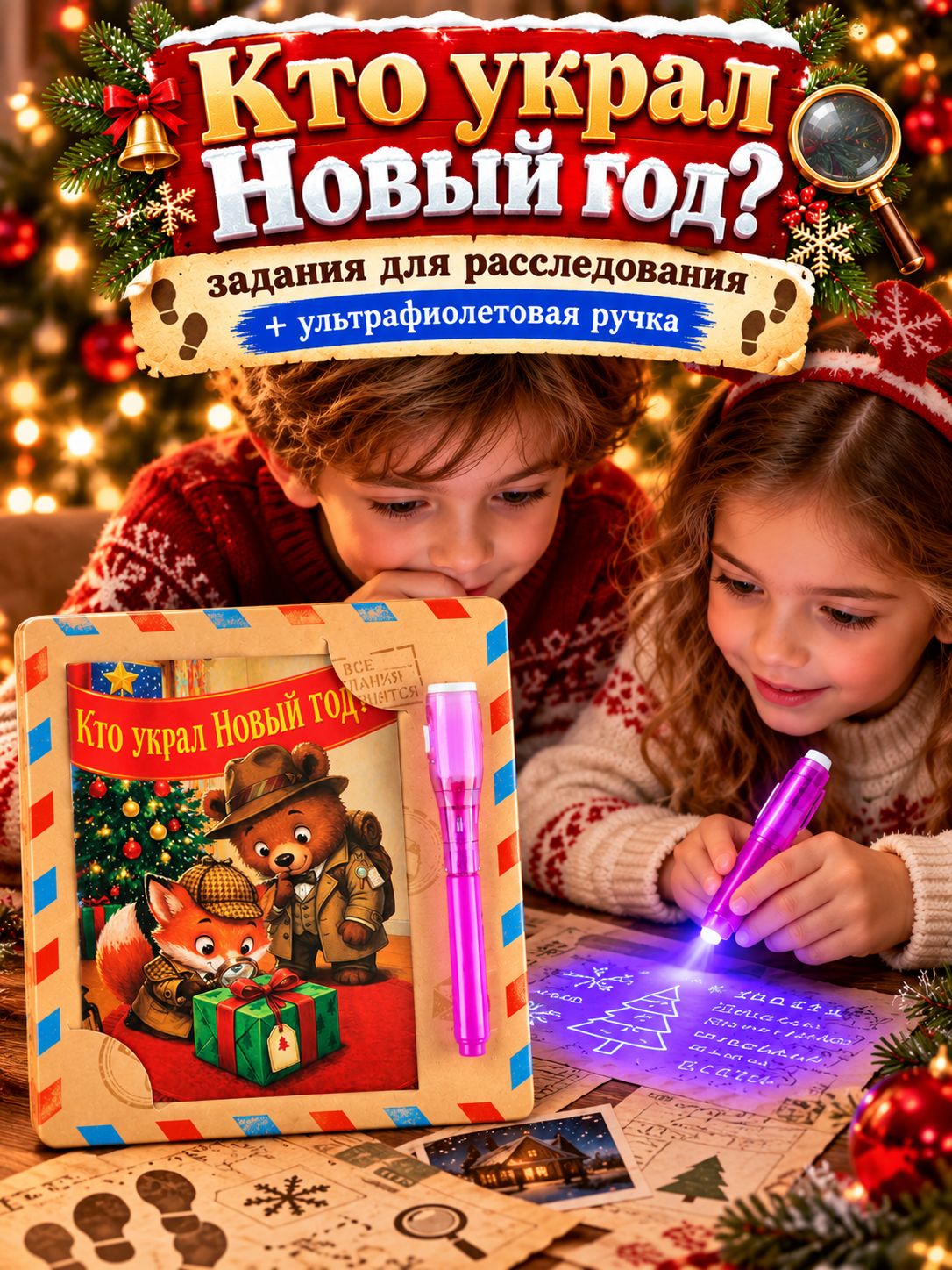 Подарочный набор: блокнот А6, 16 л., ручка шпион Расследование. Кто украл новый год?