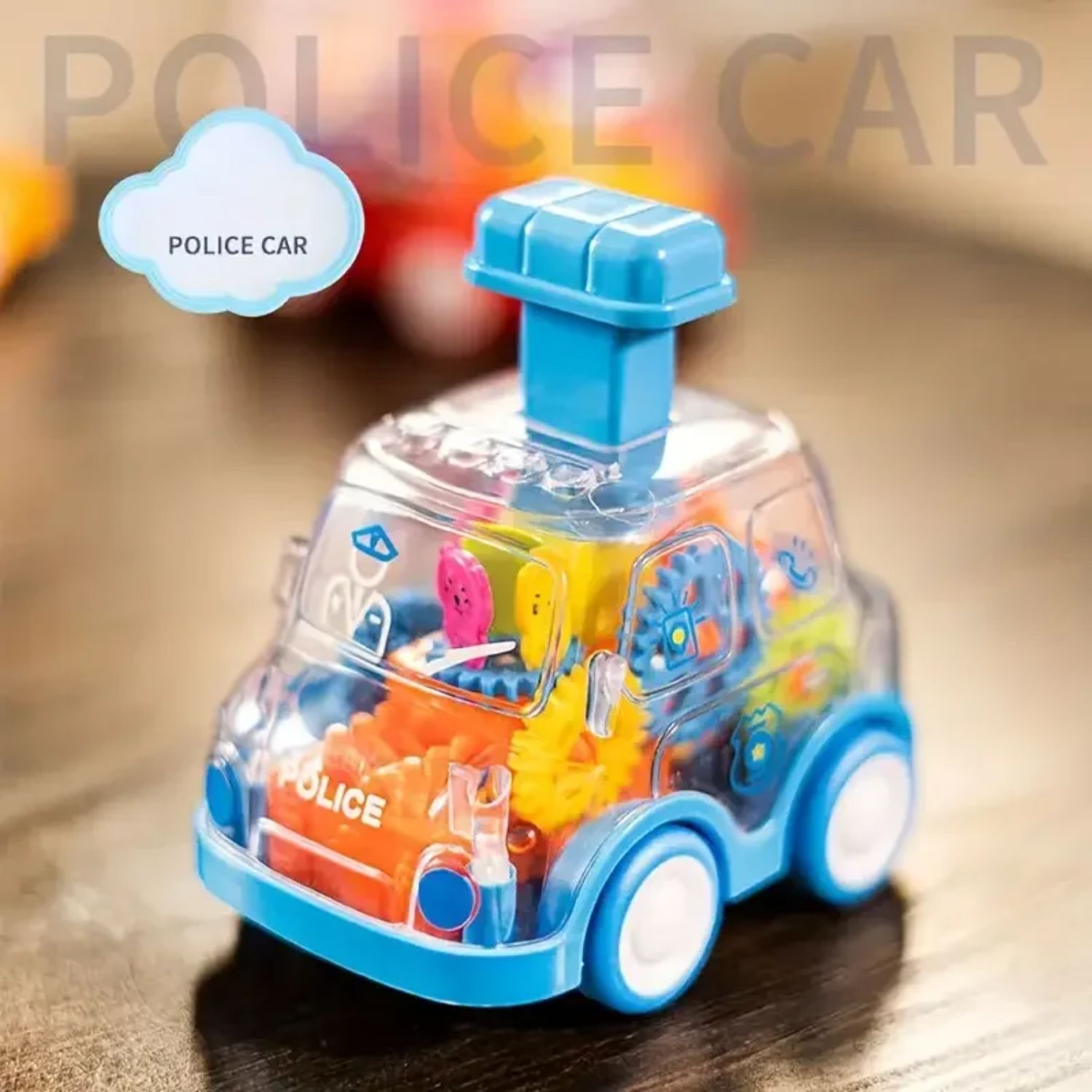 Прозрачнаямашинкасшестернями,игрушка-толкатель,мультяшнаяигрушечнаямашинкасоткатныммеханизмом