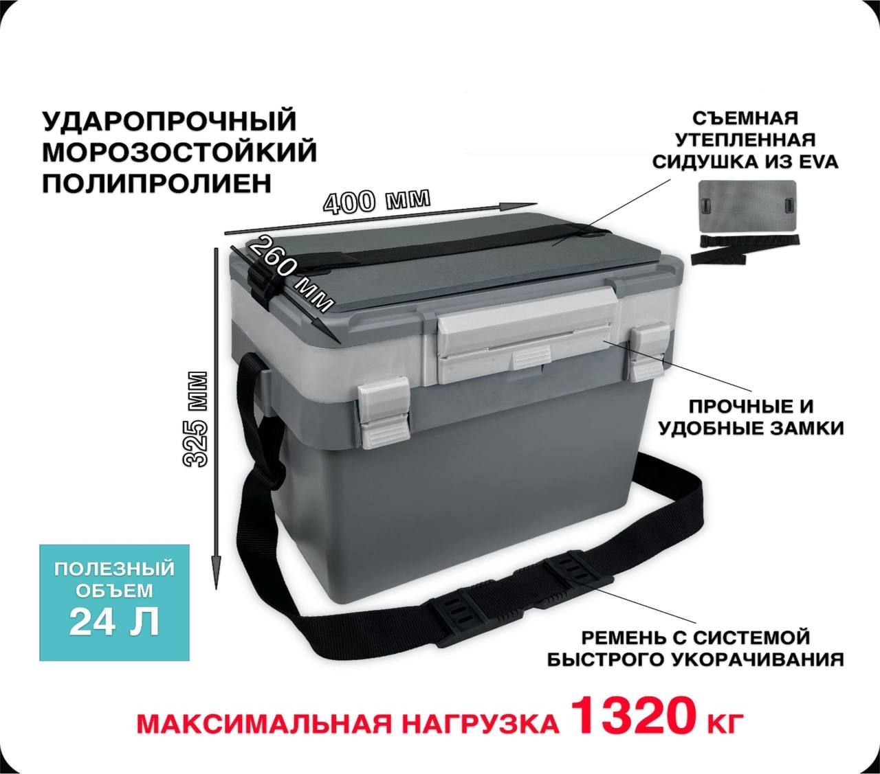 Рыболовный набор для зимней, летней рыбалки Ящик с ремнем Профи Fishka от Петрова из полипропилена 24 литра, светло-серый