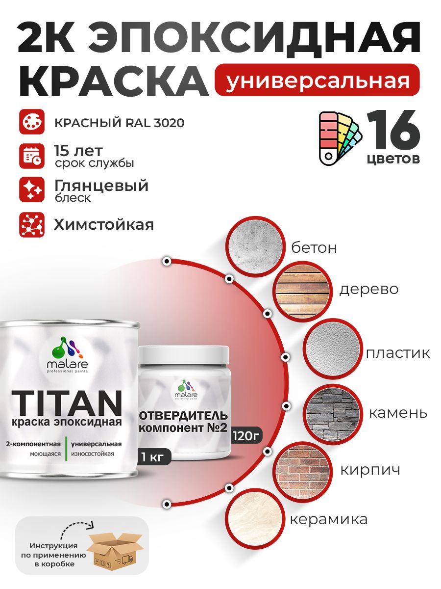 2К Эпоксидная краска Malare TITAN универсальная, двухкомпонентная влагостойкая высокопрочная износостойкая, RAL 3020 красный, глянцевая, (1 кг + 0,12кг отвердитель)