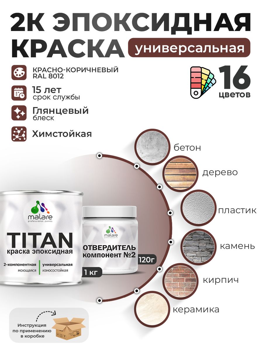 2К Эпоксидная краска Malare TITAN универсальная, двухкомпонентная влагостойкая высокопрочная износостойкая, RAL 8012 красно-коричневый, глянцевая, (1 кг + 0,12кг отвердитель)