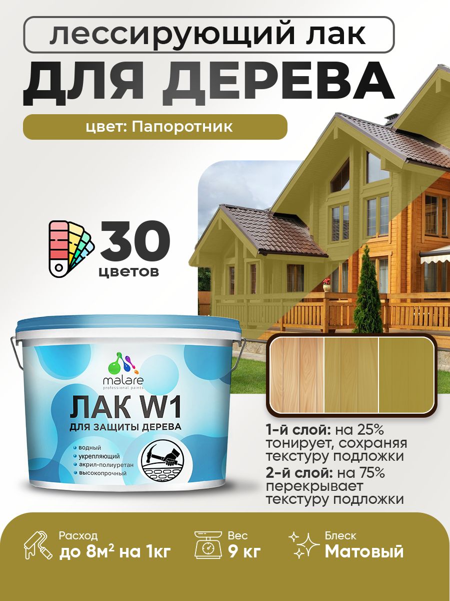 Лак колерованный тонирующий для дерева Malare W1 для деревянных и минеральных поверхностей, моющийся без запаха быстросохнущий, матовый, папоротник, 9 кг.