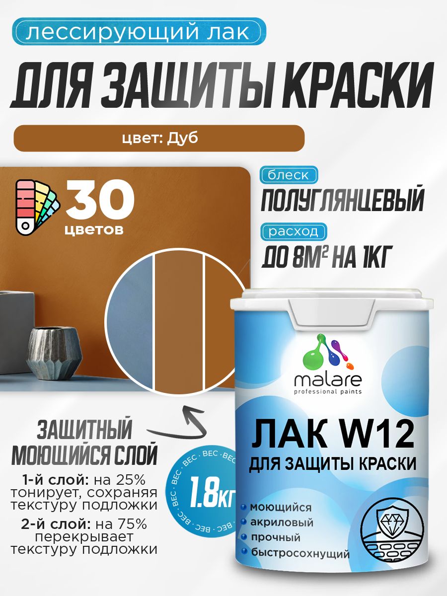Лак колерованный тонирующий для защиты акриловых красок Malare W12 моющийся универсальный быстросохнущий экологичный, полуглянцевый, дуб, 1.8 кг.