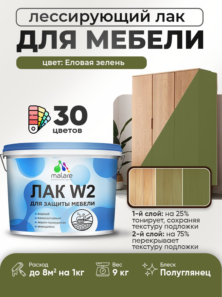 Лак колерованный тонирующий лак для мебели Malare W2 для кухонных фасадов, для дерева и минеральных поверхностей, акриловый быстросохнущий без запаха, полуглянцевый, еловая зелень, 9 кг.