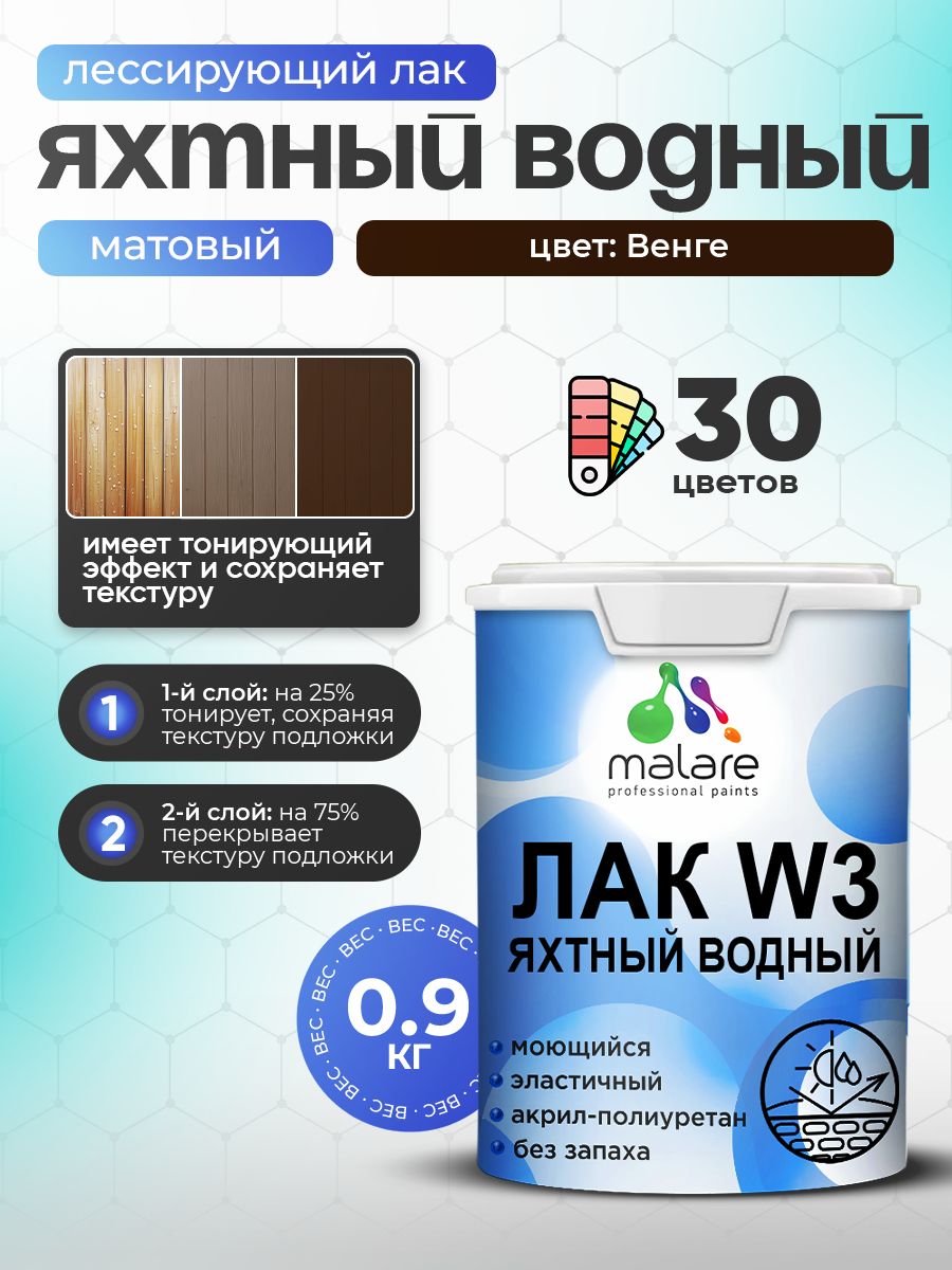 Лак колерованный тонирующий яхтный Malare W3 для деревянных и минеральных поверхностей, водный без запаха быстросохнущий, матовый, венге, 0.9 кг.