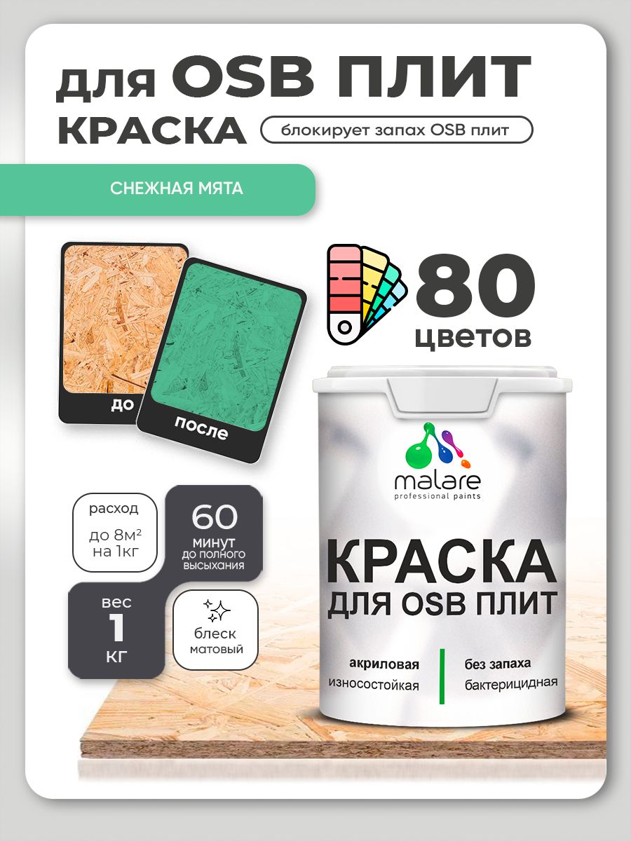 Акриловая краска для ОСБ плит Malare для дерева для наружных и внутренних работ, быстросохнущая без запаха матовая, снежная мята, 1 кг